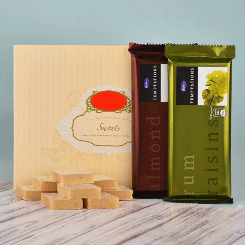 500gm Kaju Katli and 2 Cadbury Temptations Chocolate