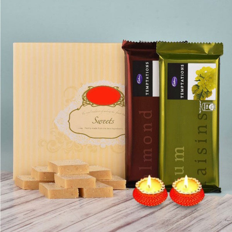 Half Kg Kaju Katli with 2 Tempatation Chocolates and Set of 2 Diya for Diwali
