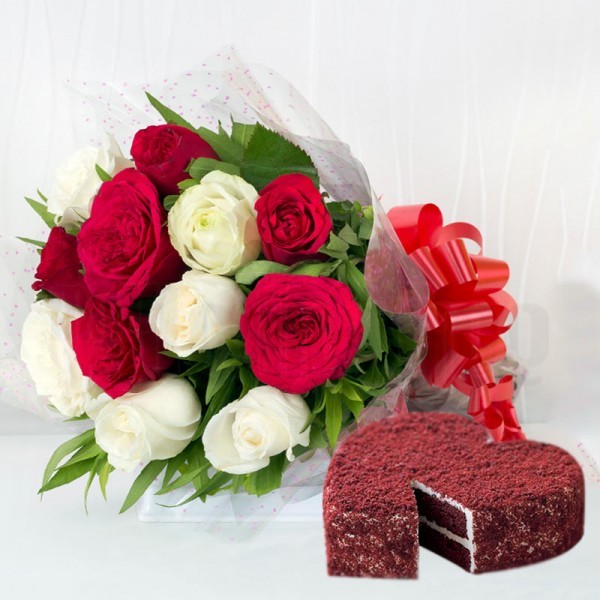 12 Red and White Roses with 1 Kg Heart Shape Red Velvet Cake