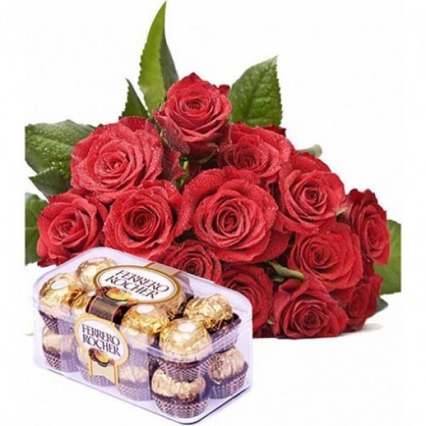 10 Red Roses Bunch and 16 Pcs Ferrero Rocher
