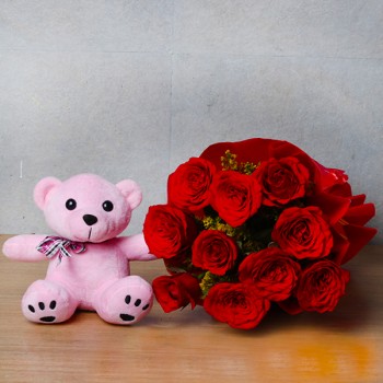 10 Red Roses in Red Paper Packing with Teddy Bear 6 inches