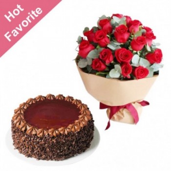 20 Red Roses with Chocolate Cake (Half kg)
