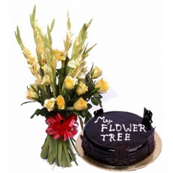 7 Yellow Glads and 5 Yellow Roses with Chocolate Truffle (Half Kg)