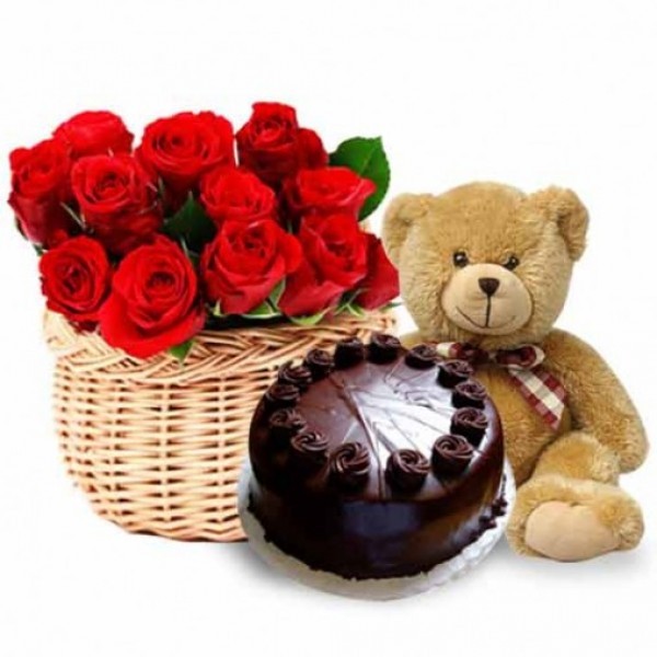 12 Red Roses in Basket with Teddy Bear (12 inch) and Half Kg Dark Chocolate Cake