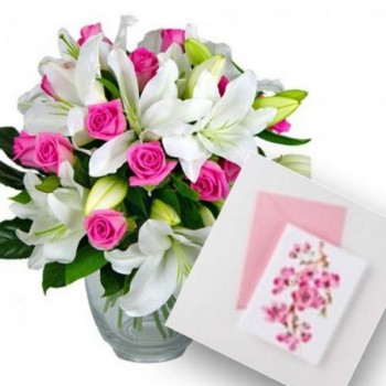  4 Asiatic White Lilies and 10 Pink Roses bouquet with Occasional Greeting Card