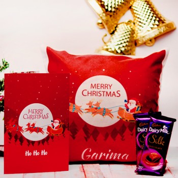 One Personalised Cushion with 2 Dairy Milk Silk Chocolate and Greeting Card for Christmas