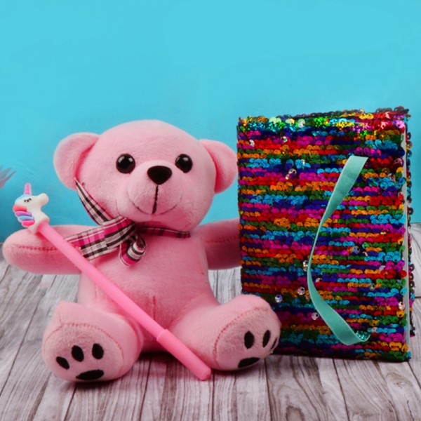 One Pink Teddy Bear 6 inches with One Small Notepad and a designer pen