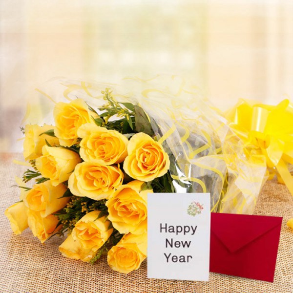 10 Yellow Roses with New Year Greeting Card