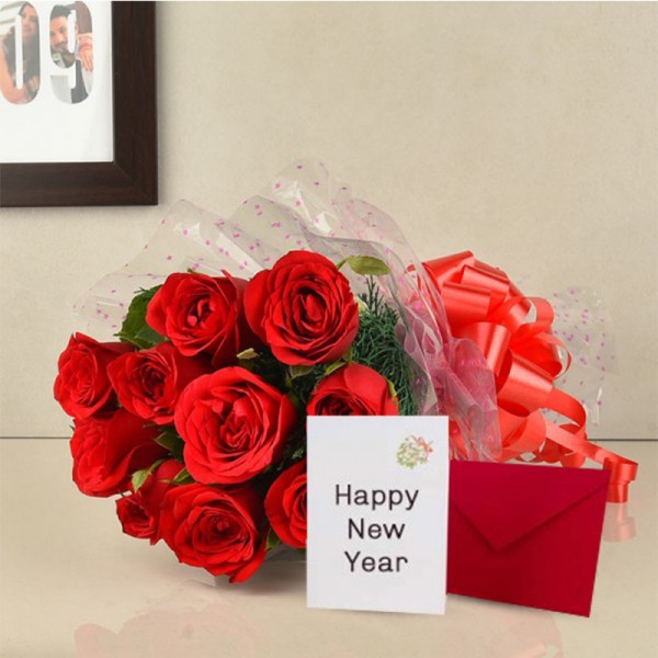 10 Red Roses with New Year Greeting Card
