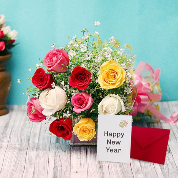 10 Mixed Roses with New Year Greeting Card
