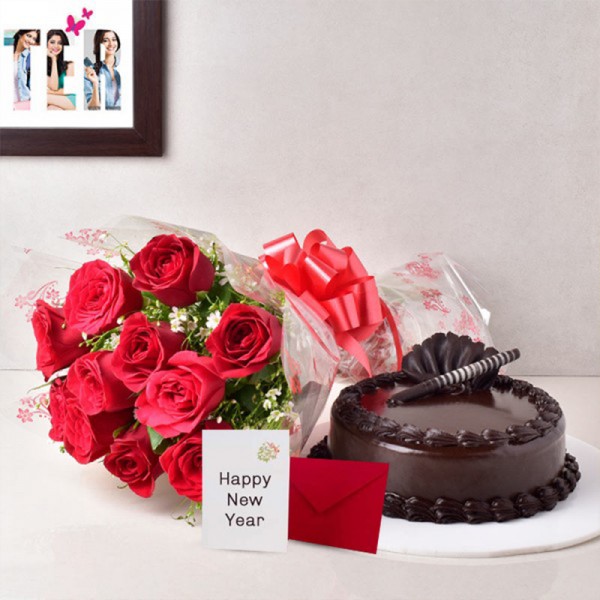 10 Red Roses with 1/2 Kg Chocolate Truffle Cake and New Year Greeting Card