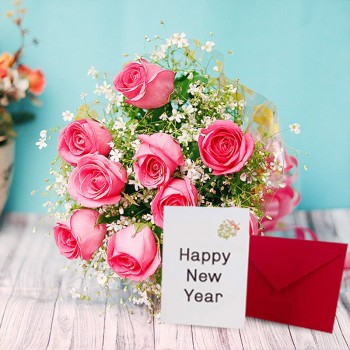 10 Pink Roses with New Year Greeting Card (6 inches)