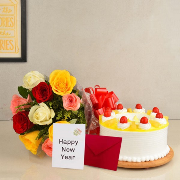 10 Mix Roses and 1/2 Kg Pineapple Cake with New Year Greeting Card (6 inches)
