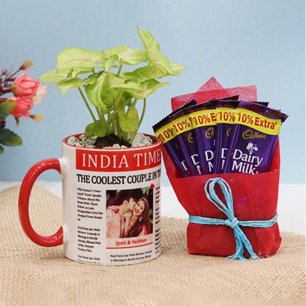 One Personalised Newspaper Theme Photo Red Handle Mug with 2 Dairy Milk Chocolate and Syngonium Plant for Anniversary
