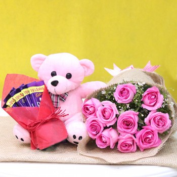 10 Pink Roses wrapped in Jute Packing with Pink Teddy Bear (6 inches) and 5 Dairy Milk Chocolate (13.2 gm)