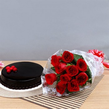  One Bouquet of 10 Red Roses in Cellophane Packing with 1/2 Kg Chocolate Cake topped with Fresh Cherries