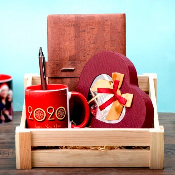 New Year Hamper of Coffee Mug, Notebook, 9 pcs Heart Shape Homemade Chocolate in Basket