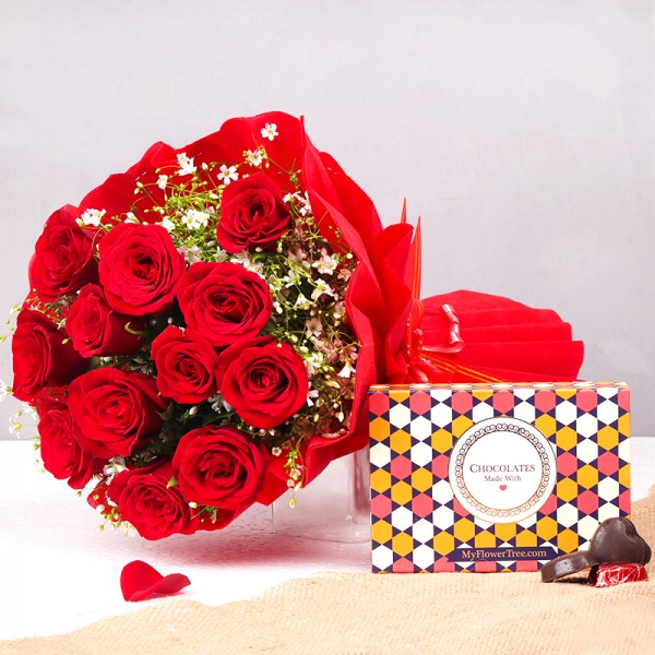 12 Red Roses in Paper Packing with 6 pcs Handmade Chocolate Box