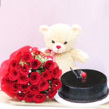 20 Red Roses Wrapped in Paper Packing with Half Kg Chocolate Cream Cake and Cream Teddy Bear (12 inches)
