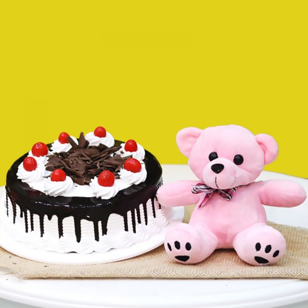 Half Kg Black Forest Cake with Pink Teddy Bear (6 inches)