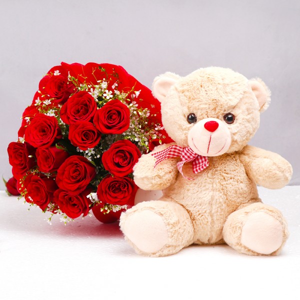 12 Red Roses in Paper Packing with Teddy Bear (12 inches)