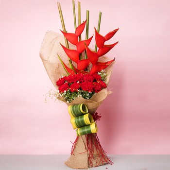 10 Red Carnations with 2 Red Heliconia