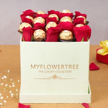 12 Red Roses and 12 Ferrero Rocher Chocolate Arrangement in White MFT Luxury Box