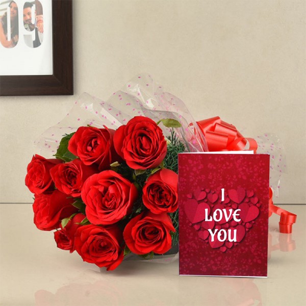 10 Red Roses with Valentines Day Greeting Card