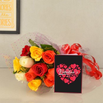 10 Mixed Roses with Valentines Day Greeting Card