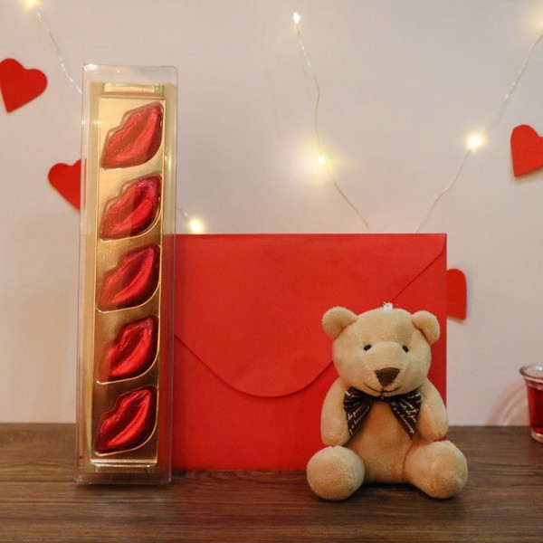 Valentines Day Teddy Bear, Greeting Card and 5 pcs Homemade chocolate