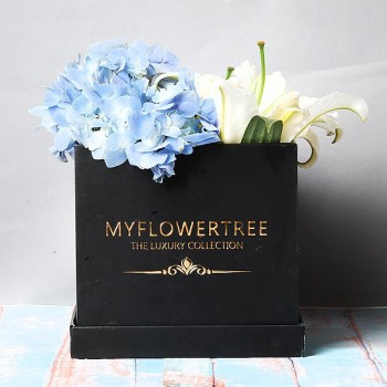 One Blue Hydrangea with One White Oriental Lily in One MFT Black Signature Box