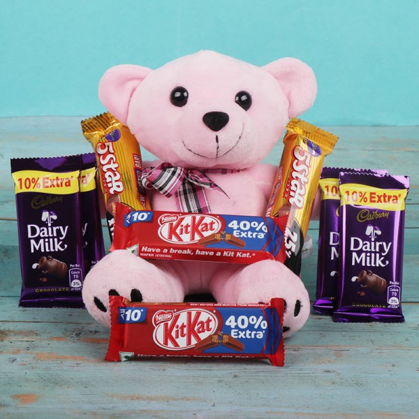 Combo of 6 inches 1 Teddy Bear and 2 Kitkat Chocolate (15 gm) and 4 Dairy Milk Chocolate (13.2 gm) and 2 Five Star Chocolate (22.4 gm)