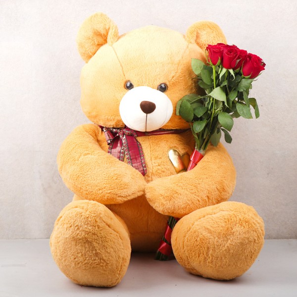 One Teddy Bear (3 Feets) with 10 Red Roses