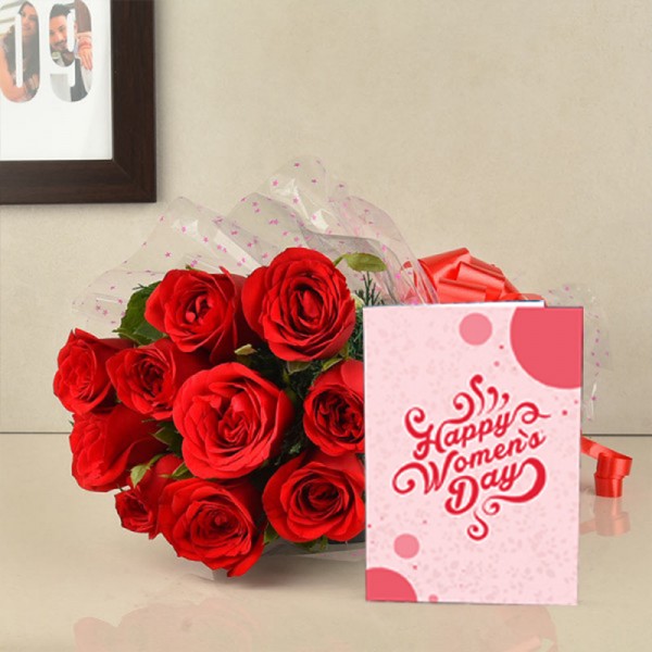 10 Red Roses Bouquet with Women's Day Greeting Card