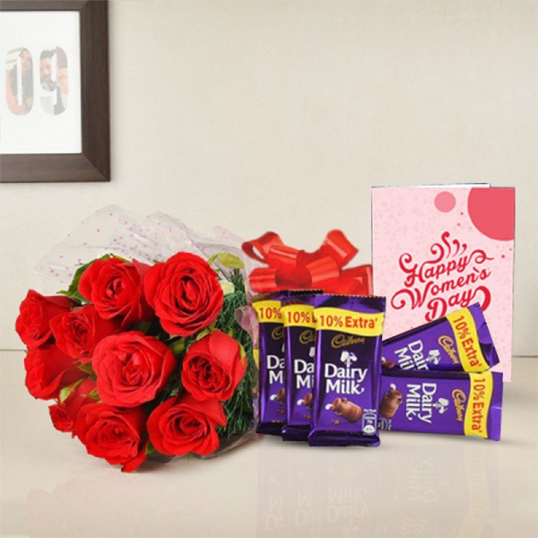 8 Red Roses Bunch with 5 Dairy Milk Chocolate (13.2 gm) and Womens Day Greeting Card