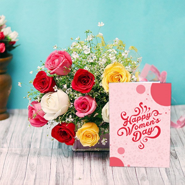 10 Mixed Roses Bunch with Womens Day Greeting Card