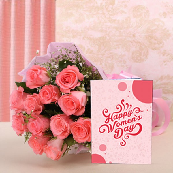 12 Pink Roses in Pink Paper with Womens Day Greeting Card