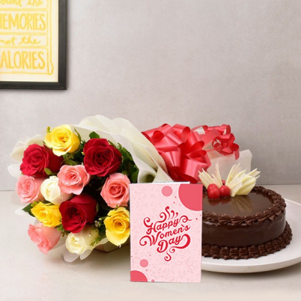 12 Mix Roses in Paper Packing with Half Kg Chocolate Cake and Womens Day Greeting Card