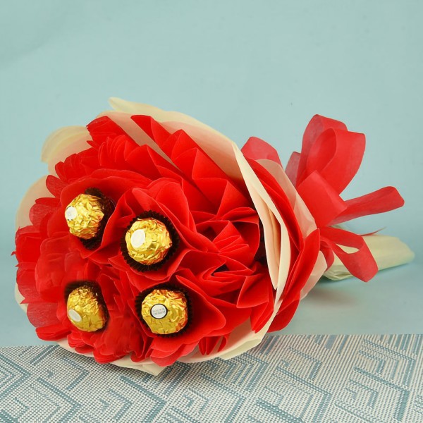 4 Ferrero Rocher Chocolate Bouquet in Red and White paper packaging