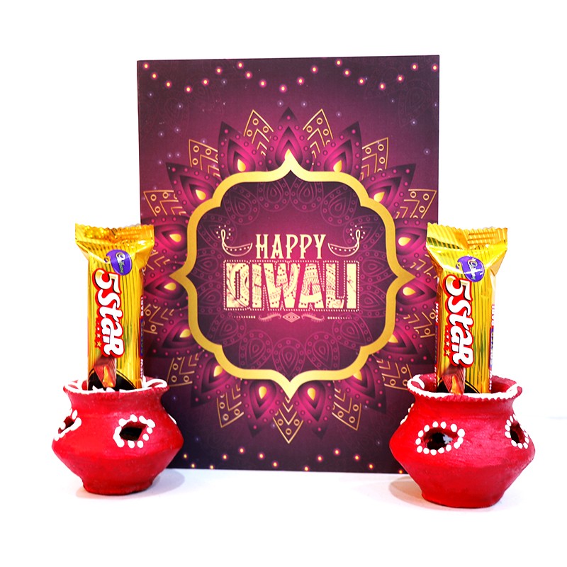 Diya with Greeting Card and Chocolates