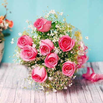 8 Pink Roses with Pink paper packing