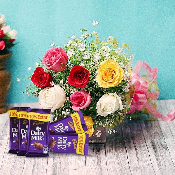 8 Mixed Roses Bouquet with Dairy Milk Chocolate