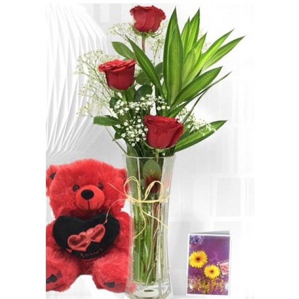 Red Roses With Teddy Bear