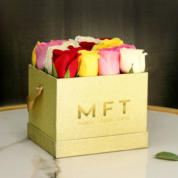 16 Colorful Roses Arranged in Rose Gold Luxury Box