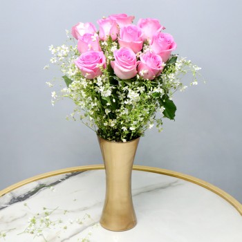 10 Light Pink Roses and 8 Pink Carnations in a Glass Vase