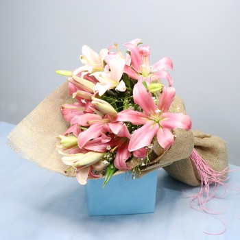  6 Asiatic Pink Lilies wrapped in Jute Paper