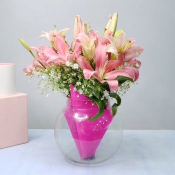 6 Pink Oriental Lilies in a Glass Vase