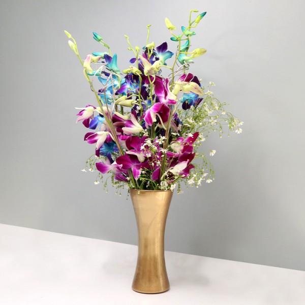 6 Purple Orchids in a Glass Vase