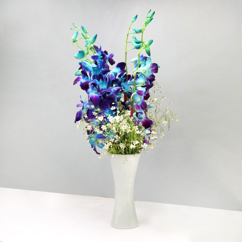 5 Blue Orchids in a Glass Vase