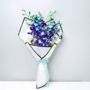 6 Blue Orchids with Arica Palm Leaves in Blue special paper